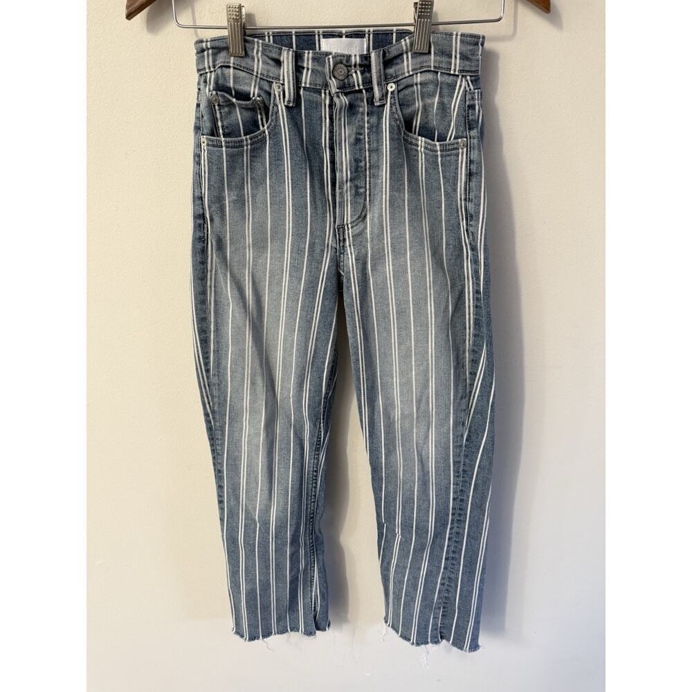 BOYISH Anthropologie Denim Striped Cropped Raw Hem Button Fly Jeans Womens 24